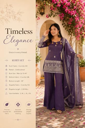 Women's Purple Crunchy Silk Embroidered Kurta With Sharara and Dupatta
