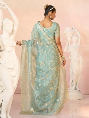 Laxmipati Kesaar Bhog Tissue Organza Floral Embroidered Saree in Pastel Blue Color_N-2953