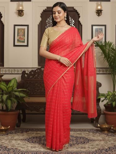 AKHILAM Women's Pink Chiffon Checkered Printed Saree With Unstitched Blouse Piece (RCFL1205_AI)