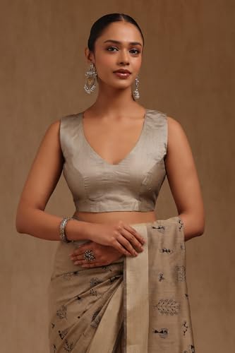 Soch Womens Beige Chanderi Warli Print Saree With Thread Work