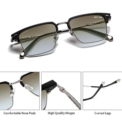 grey jack Half Frame Sunglasses,Stylish Square Shape Polarized Shades for Men Women 2040 Black Silver/Light Brown
