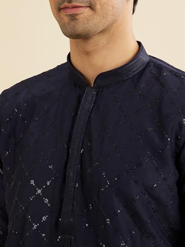 Manyavar Men's Art Silk Sequin Work Kurta Pyjama Set (Dark Blue,S)