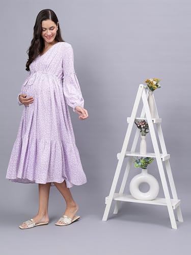 Miga Women's Maternity Dress with V Neck and Feeding Zipper, Pocket and Adjustable Tie-Knot Waist, Puff Sleeve Lilac