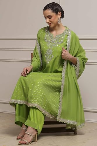 Biba Women's Cotton Kurta Set (SKDVRNSI30720AW25LIM_Lime Green