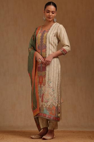 Soch Womens Off White Brocade Ethnic Motifs Suit Set With Cutdana