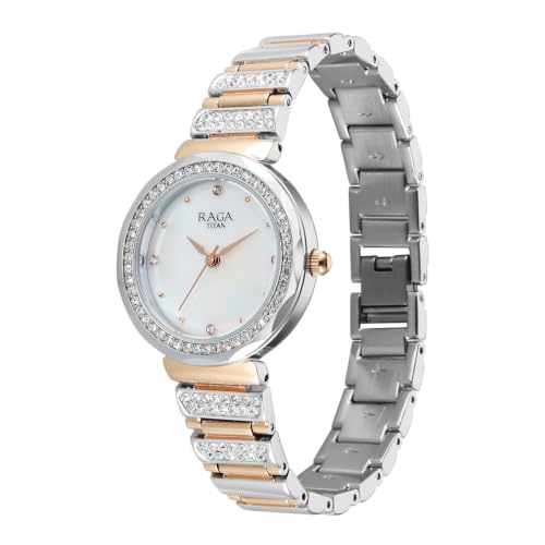 Titan Raga Spotlight 2.0 Quartz Analog 3Hands Display White Mother of Pearl Dial IPRG+Steel Look Color Strap Watch for Women - 95419KM01