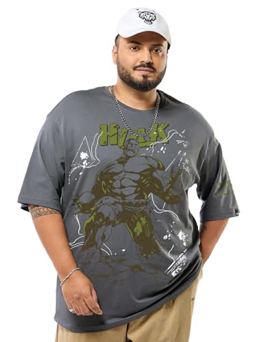 Bewakoof Official Marvel Merchandise Hulk Men's Graphic Print Oversized Fit Half Sleeve Round Neck Cotton Plus Size T-Shirt_694209_Grey_4XL