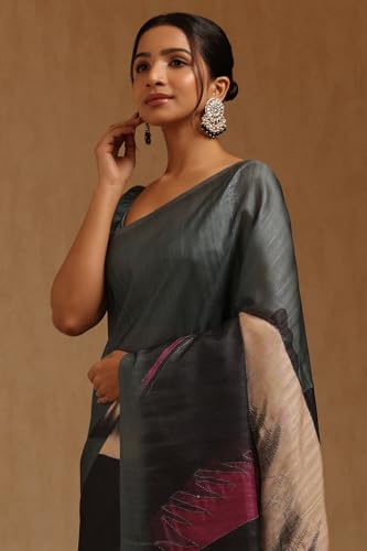 Soch Womens Grey Tussar Hand Embroidered Tropical Saree