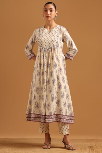 Soch Womens Off-White Cotton Block Printed Paisley Salwar Suit