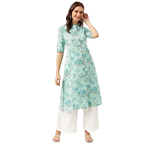 Divena Sea Green Floral Printed Cotton A-Line Kurta