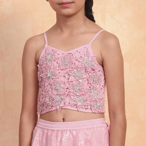 Biba Girls Pink Viscose Printed Flared Lehenga Set_8-9Y