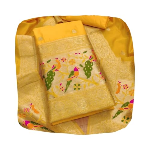 SHANTVAN GALLERY Pure Zari Banarasi Silk Suit Dress Material for Woman Parrot Design Banarasi Dress Materials for Women Unstitched Silk Top Bottom Dupatta Set for Functions and Traditional Styling