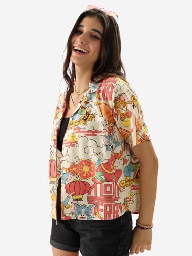 The Souled Store Tom and Jerry: New Year Women and Girls Short Sleeve Collared Neck Button Front Multicolor All Over Print Regular Fit Summer Shirts