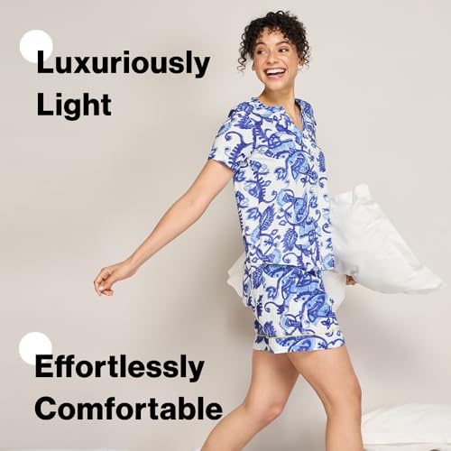 NYKD (NYS930 Printed Rayon Coords Night Suit for Women | Relaxed Fit V Neck Top with Non Slip Adjustable Waistband Shorts | Perfect for Sleep, Lounge & Everyday Wear - Blue