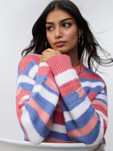 The Souled Store Textured Sweater: Heather Women and Girls Full Sleeves Round Neck Pink Blue and White Striped Acrylic Nylon Chunky Knit Casual Winter Pullover Oversized Sweater