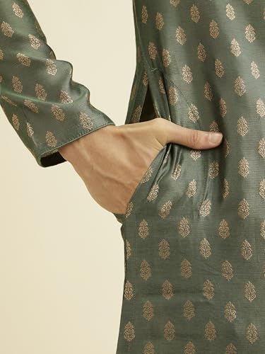Manyavar Mens Green Art Silk Self Design Kurtas