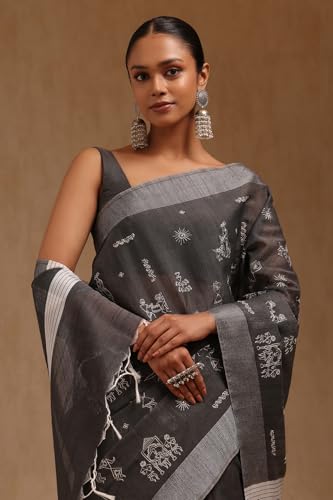 Soch Womens Charcoal Chanderi Warli Print Saree With Thread Work