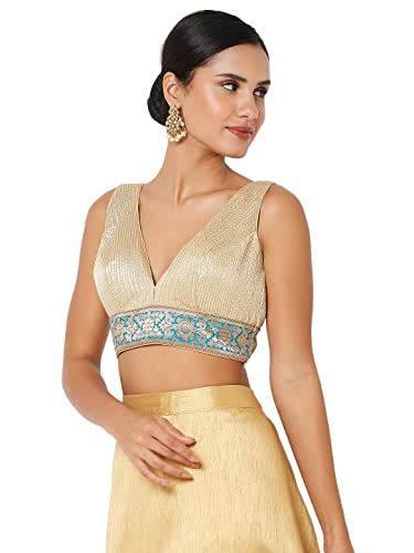 S SALWAR STUDIO Women's Gold & Blue Banarasi Self Design Readymade Saree Blouse-SSB4170-GOLD