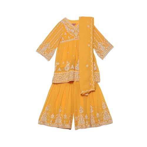 BIBA Girl's Polyester Blend Kurta, Garara, Dupatta (KWMNM6225AW24YEL_Yellow