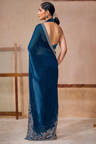 Soch Womens Teal Blue Fendy Chiffon Embellished Saree With Stone Work