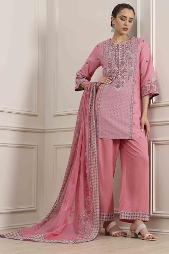 Biba Women's Light Pink Cotton Straight Printed Suit Set