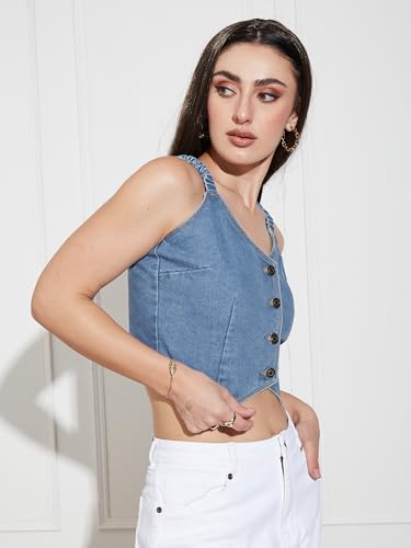 Miss Chase Womens V Neck Elasticated Straps Sleeve Waistcoat-Styled Cropped Denim Top (MCAW24DEN03-36-303-04, Mid Blue, M)