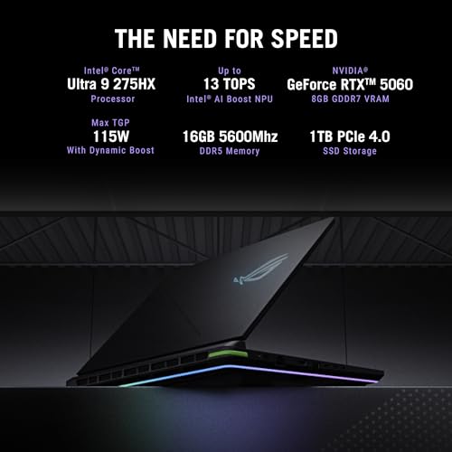 ASUS ROG Strix G16, Intel Core Ultra 9 275HX, Gaming Laptop(RTX 5060-8GB/115W TGP/16GB/1TB /2.5K QHD+/16"/240Hz/90WHrs/Windows 11/M365 Basic (1Year)*/Office Home 2024/Eclipse Gray/) G615LM-S5128WS