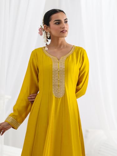 Libas Embroidered Silk Blend A Line Ethnic Dress with Dupatta | Occasion Gown Mustard