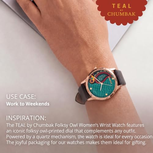 TEAL BY CHUMBAK Round Dial Analog Watch for Women,Folksy Owl Collection, Solid Vegan Leather Strap,Gifts for Women/Girls/Ladies,Stylish Fashion Watch for Casual/Work - Black
