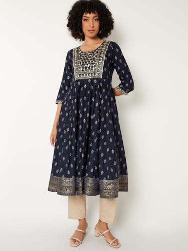 Max Women Embroidered A-Lune Kurta (Blue_S)