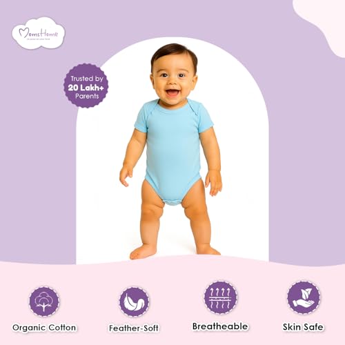 MOM'S HOME Organic Cotton New Born Baby Unisex Onesie - Pack of 3 | 0-3 Months | Lemon, Blue, Heart