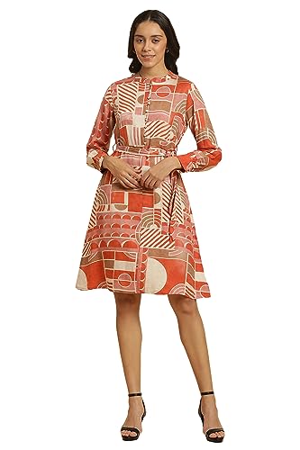 W for Woman Women's Rayon Orange Abstract Printed Western Dress Knee-Length 23AUW19658-810538