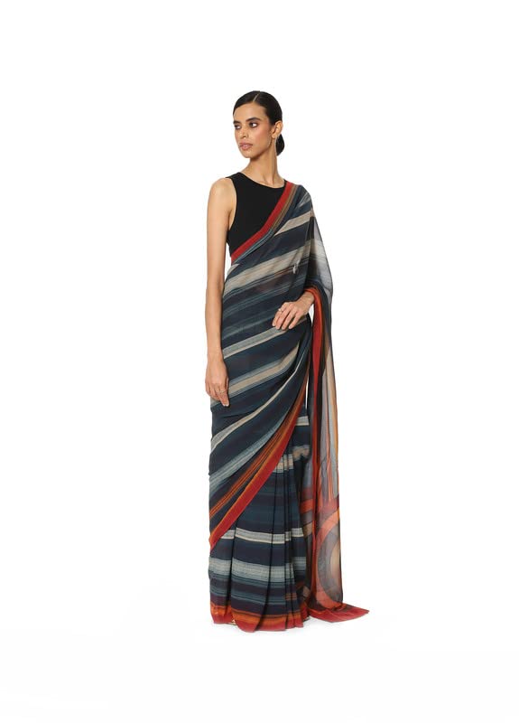 Satya Paul Blue Cobalt Georgette Printed Silk Saree for Women