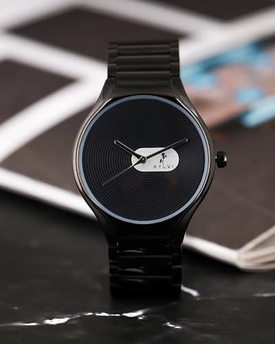 Sylvi Analog Watch for Men - Elegare Black Dial Stainless Steel Strap Wrist Watch with 3D Curved Dial, 30m (3 ATM) Water Resistant, Japanese Quartz Movement, Gift for Him