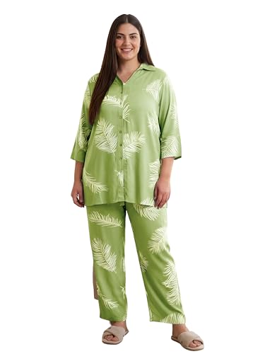 Indietoga Women Green Leaf Print Rayon Shirt and Pyjamas Nightsuit (PS50001466_Green Printed_6XL)