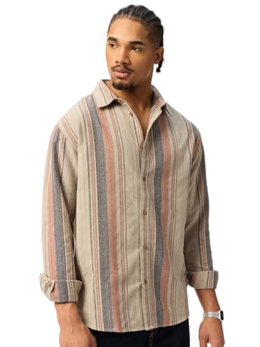 The Souled Store Canyon Men and Boys Long Sleeve Spread Collar Beige Striped Cotton Blend Lightweight Everyday Office Wear Easy to Style Casual Relaxed Shirt
