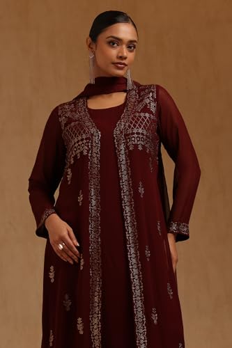 Soch Womens Maroon Georgette Solid Suit Set