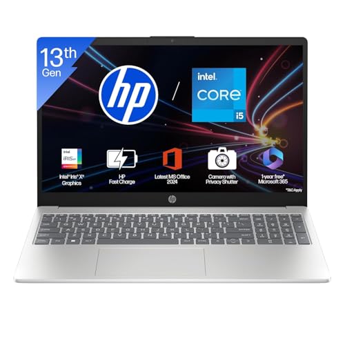 HP 15, 13th Gen Intel Core i5-1334U, (16GB DDR4,512GB SSD) Anti-Glare, Micro-Edge, FHD, 15.6''/39.6cm, Win11 Home, M365 Basic(1yr)* Office24, Silver, 1.59kg, Intel® Graphics, Camera w/Shutter Laptop