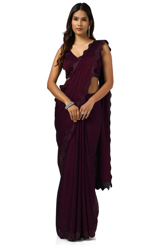 Soch Womens Wine Chiffon Self Print Saree With Stone Work