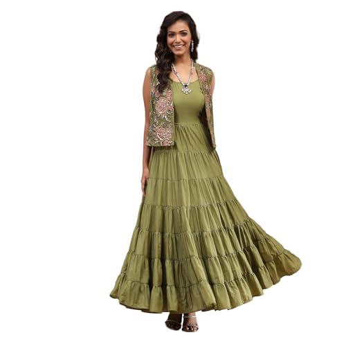 BIBA Women's Butterfly Net Anarkali Floor Length Dress (SKDBOLD10476AW24GRN_Green