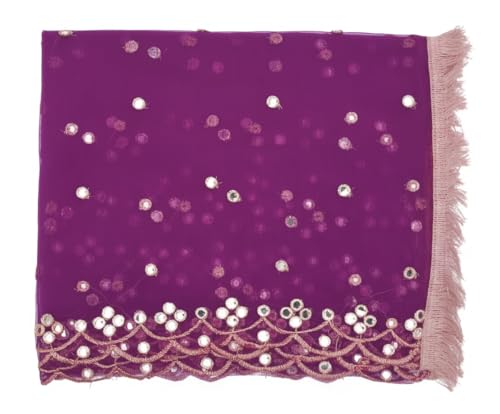 YOUTHQUAKE Plastic Mirror Emboridered Net Dupatta for Womens & Girls With Fancy Cut Design with Lace (Purple)