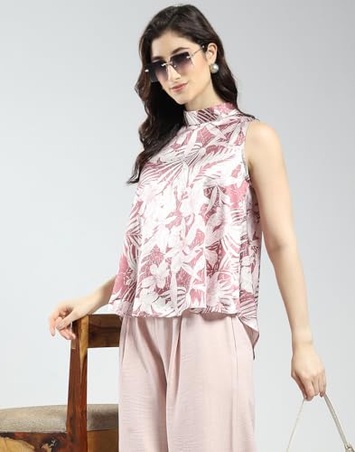 Monte Carlo Women Printed Co-ord Set | Regular Fit | Sleeveless Top | Band Neck | Elastic Waist | Wide Leg Pant | Casual Loungewear Set for Women's Pink L (Pack of 1)