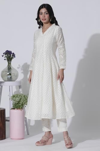 W for Woman Off-White Cotton Blend Anarkali Embroidered Kurta, Straight Pants and Dupatta Set (Size: XS)-24FESP10670-313617