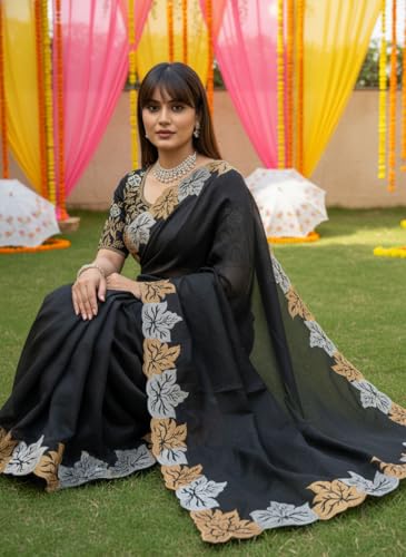 Glory Sarees Women’s Satin Chiffon Embroidery Work Saree With Blouse Piece (JR644_Black)