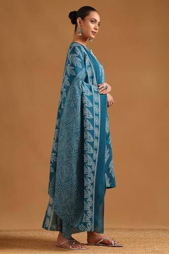 Soch Womens Teal Linen Blend Bandhani Salwar Suit With Faux Mirror And Sequins