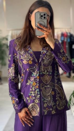 MARUTI FASHION HOUSE Plazzo Set Indo-Western Draped Set For Womens And Girls Ready To Wear Party Koti With Sharara Hevay Apple Chinon Silk Fabric With Work Multi Thread Embroidery Work (Nevy Blue)
