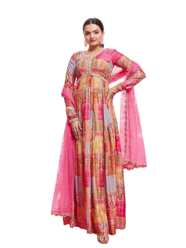 FUSIONIC Elegant Coral Print Gown with Dupatta