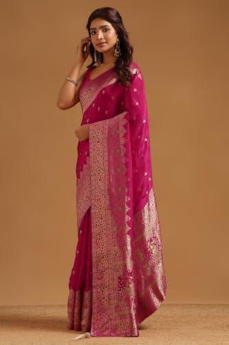 Soch Womens Fuchsia Crepe Ethnic Motifs Zari Woven Saree