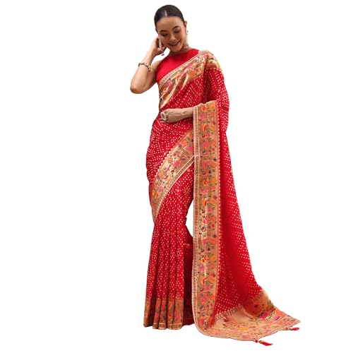 KALKI Fashion Red Bandhani Silk Saree With Unstitched Blouse Silk sarees for women Traditional Ethnic Wear Fashion Wear Wedding Collection Festive Saree Elegant Designer Saree