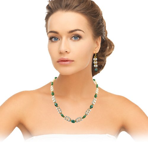 Surat Diamonds Real Natural Oval Emerald, Rice Pearl & Gold Plated Beads Necklace & Earring Set for Women (SN681)